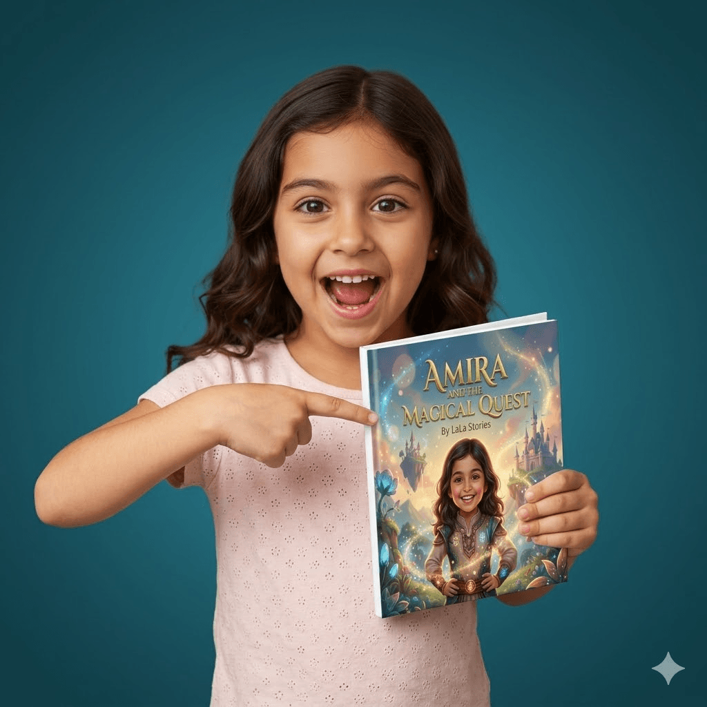 A child excitedly pointing at a custom book featuring an illustration of them